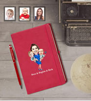 Kişiye Özel Aile Karikatürlü Kırmızı Defter Kalem Hediye Seti   Mod-3