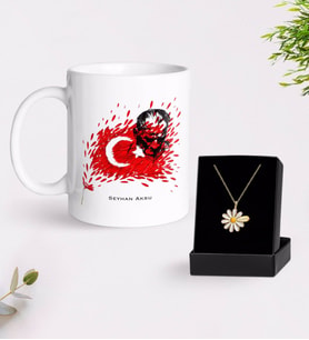 BK Gift Kişiye Özel Atatürk Temalı Beyaz Kupa ve Papatya Kolye Hediye Seti-3 (Model 1)