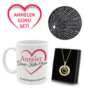 Anneler Gününe ÖzelMesajlı Kupa & 100 Dilde Seni Seviyorum Gold Renk Kolye Hediye Seti