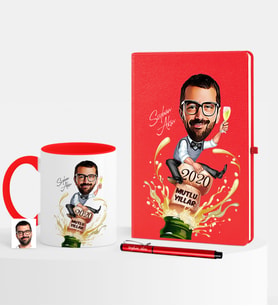 BK Gift Kişiye Özel Yılbaşı Temalı Bay Karikatürlü Kırmızı Defter Kalem Kupa Seti - 6