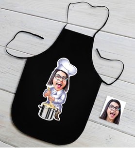 BK Gift Kişiye Özel Bayan Chef Karikatürlü Siyah Mutfak Önlüğü-1