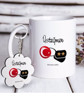 BK Gift Kişiye Özel Mesleki Üsteğmen Beyaz Kupa ve Anahtarlık Hediye Seti (Model 1)