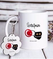 BK Gift Kişiye Özel Mesleki Üsteğmen Beyaz Kupa ve Anahtarlık Hediye Seti (Model 1)