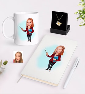 BK Gift Kişiye Özel Bayan Öğretmen Karikatürlü Beyaz Kupa Defter Kalem ve İsimli Papatya Kolye Hediye Seti-3 (Model 1)