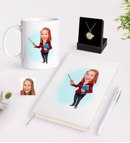 BK Gift Kişiye Özel Bayan Öğretmen Karikatürlü Beyaz Kupa Defter Kalem ve İsimli Papatya Kolye Hediye Seti-3 (Model 1)