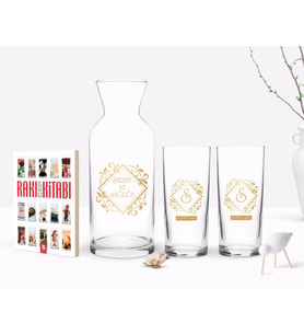 BK Gift Kişiye Özel Renkli Baskılı İsimli İkili Rakı Bardağı Karaf ve Cep Kitabı Hediye Seti-15 (Model 1)