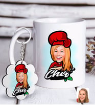 BK Gift Kişiye Özel Bayan Chef Karikatürlü Beyaz Kupa ve Anahtarlık Hediye Seti-10 (Model 1)