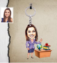 Kişiye Özel Öğretmen Karikatürlü  Ahşap Anahtarlık Bayan-3