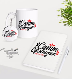 BK Gift Kişiye Özel Canım Öğretmenim Kupa Anahtarlık Beyaz Defter Kalem Hediye Seti-11 (Model 1)