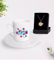 BK Gift Kişiye Özel İngilizce Öğretmeni Türk Kahvesi Fincanı ve İsimli Papatya Kolye Hediye Seti-12 (Model 1)