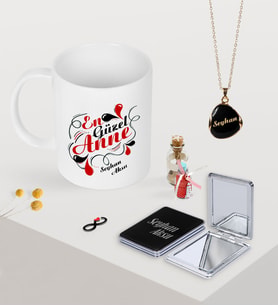 BK Gift Kişiye Özel En Güzel Anne Kupa Ayna ve Siyah Mineli Kolye Seti (Model 1)