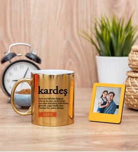 Kardeş Kelime Anlamı Gold Kupa Bardak ve Sarı Mini Fotoğraf Çerçevesi
