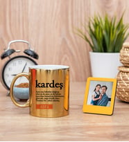 Kardeş Kelime Anlamı Gold Kupa Bardak ve Sarı Mini Fotoğraf Çerçevesi