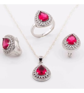 925 Ayar Gümüş Pembe Zirkon Taşlı  Damla Model Set