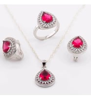925 Ayar Gümüş Pembe Zirkon Taşlı  Damla Model Set
