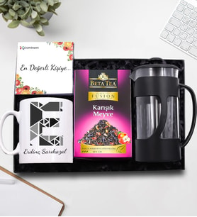 Kişiye Özel Harf Ve İsim Baskılı Kupa & Siyah French Press & Beta Tea Karışık Meyve Çayı Hediye Seti