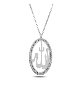 BARIŞ TAKI 925 Ayar Gümüş Beyaz Oval Allah Yazılı Kolye