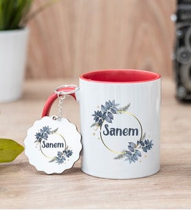 İsme Özel Çiçek Desenli Kırmızı Kupa Bardak Ve Anahtarlık Set