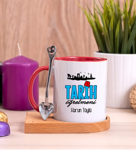 Tarih Öğretmeni Ahşap Altlıklı Kırmızı Kupa Bardak