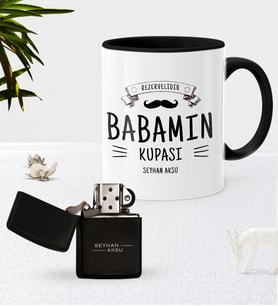 BK Gift Kişiye Özel Babamın Kupası Siyah Kupa Bardak Benzinli Metal Çakmak Seti (Model 1)