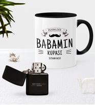 BK Gift Kişiye Özel Babamın Kupası Siyah Kupa Bardak Benzinli Metal Çakmak Seti (Model 1)