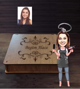 Kişiye Özel Kuaför Bayan Karikatürlü Ahşap Anahtarlık Kutulu  Mod-2