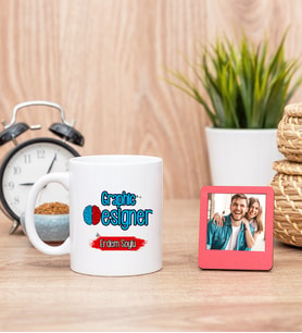Grafiker Beyaz Kupa Bardak ve Kırmızı Mini Fotoğraf Çerçevesi