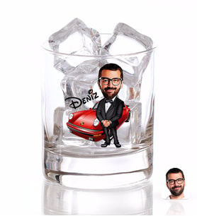 BK Gift Kişiye Özel Renkli Baskılı Erkek Patron Karikatürlü Viski Bardağı-1 (Beyaz)