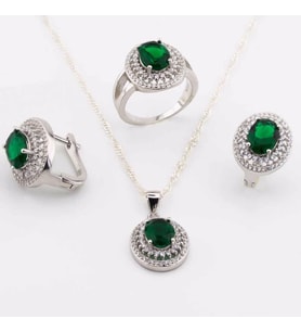 925 Ayar Gümüş Yeşil Zirkon Taşlı Oval Model Bayan Set