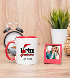 Türkçe Öğretmeni Kırmızı Kupa Bardak ve Kırmızı Mini Fotoğraf Çerçevesi