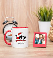 Türkçe Öğretmeni Kırmızı Kupa Bardak ve Kırmızı Mini Fotoğraf Çerçevesi