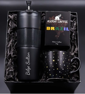 Kişiye Özel 450 ML Siyah French Press Çelik Termos & Siyah Yıldız Kupa & Alerya Brazil Filtre Kahve Hediye Seti