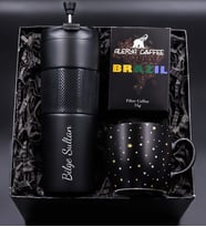 Kişiye Özel 450 ML Siyah French Press Çelik Termos & Siyah Yıldız Kupa & Alerya Brazil Filtre Kahve Hediye Seti