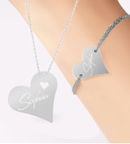BK Gift Kişiye Özel İsimli Silver Kalp Kolye ve Bileklik Seti (Gümüş)