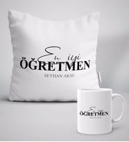 BK Gift Kişiye Özel En İyi Öğretmen Beyaz Yastık Kupa Seti-16 (Model 1)