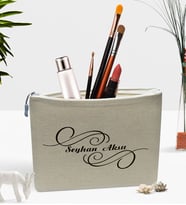 BK Gift Kişiye Özel İsimli Keten Makyaj Çantası - 3 (Bej)