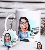 BK Gift Kişiye Özel Bayan Kolay Yetişmiyor Karikatürlü Beyaz Kupa ve Anahtarlık Hediye Seti-2 (Model 1)