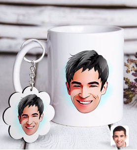 BK Gift Kişiye Özel Erkek Yüz Karikatürlü Beyaz Kupa ve Anahtarlık Hediye Seti-2 (Model 1)