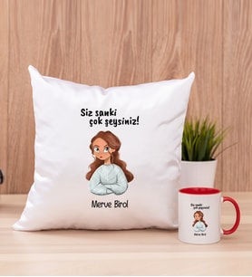Siz Sanki Çok Şeysiniz Kare Yastık ve Kırmızı Kupa Bardak
