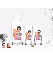 BK Gift Kişiye Özel Renkli Baskılı Sevgililer Karikatürlü İkili Rakı Bardağı ve Karaf Hediye Seti-86 (Model 1)
