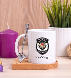 Özel Harekat Polisi Ahşap Altlıklı Beyaz Kupa Bardak