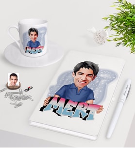 BK Gift Kişiye Özel Erkek İsimli Karikatürlü Beyaz Defter Kalem Türk Kahvesi Fincanı Seti-1 (Model 1)