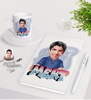 BK Gift Kişiye Özel Erkek İsimli Karikatürlü Beyaz Defter Kalem Türk Kahvesi Fincanı Seti-1 (Model 1)