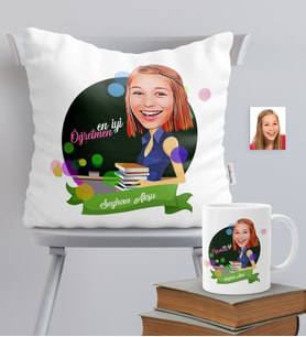 BK Gift Kişiye Özel Bayan En İyi Öğretmen Temalı Karikatürlü Yastık Kupa Seti