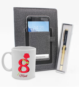 8 Mart Dünya Kadınlar Gününe Özel Kupa & Telefon Cepli Gri Defter & Gold Roller Kalem Hediye Seti (Model 3)
