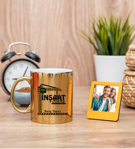 İnşaat Teknikeri Gold Kupa Bardak ve Sarı Mini Fotoğraf Çerçevesi