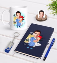 BK Gift Kişiye Özel Erkek Kadın Doğum Uzmanı Karikatürlü Lacivert Defter Kalem Kupa 32gb USB Bellek Hediye Seti-1 (Model 1)