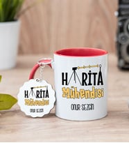 Harita Mühendisi Kırmızı Kupa Bardak Ve Anahtarlık Set