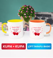 İkili Sevgiliye Sevgililer Günü Hediyesi 6 Kupa Bardak Sarı Turuncu
