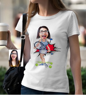 BK Gift Kişiye Özel Bayan Tenis Oyuncusu Karikatür Beyaz Tişört  1